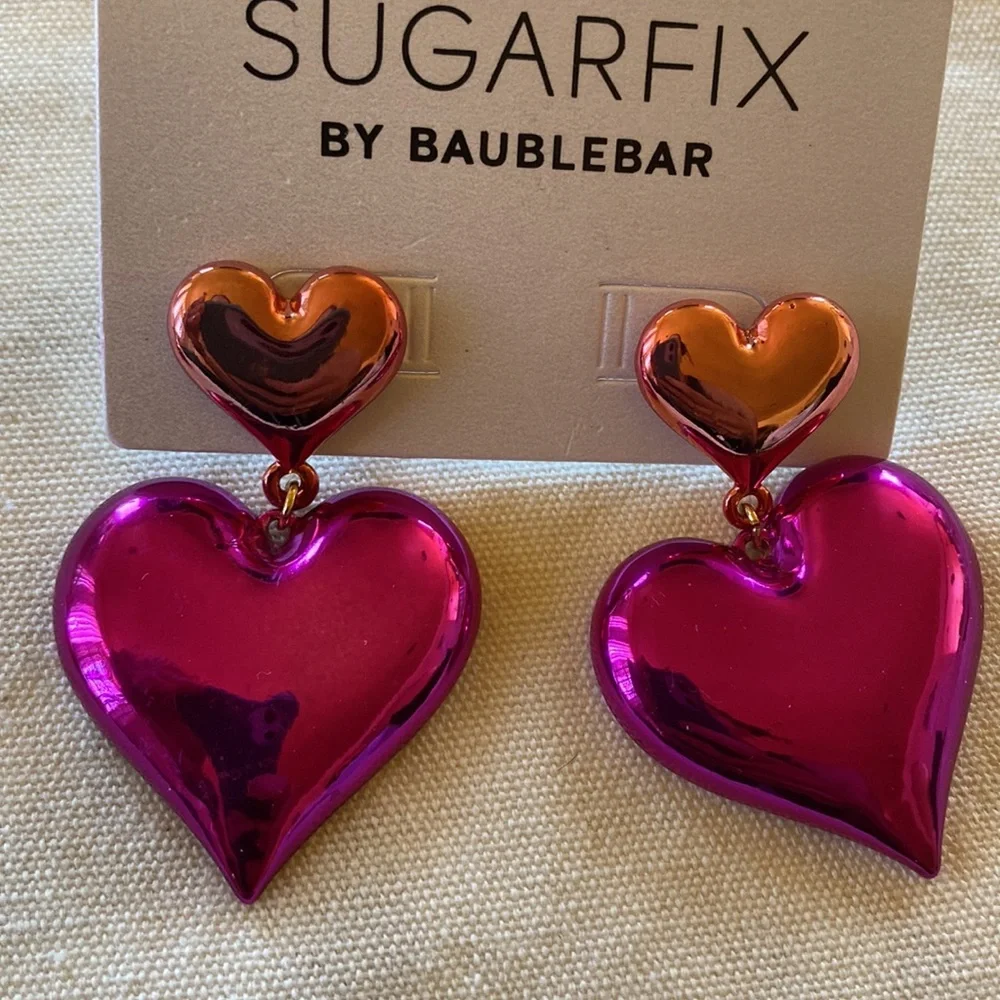 Sugarfix Baublebar Two Tone Heart Drop Metallic Earrings NWT Pink Red - Picture 8 of 9